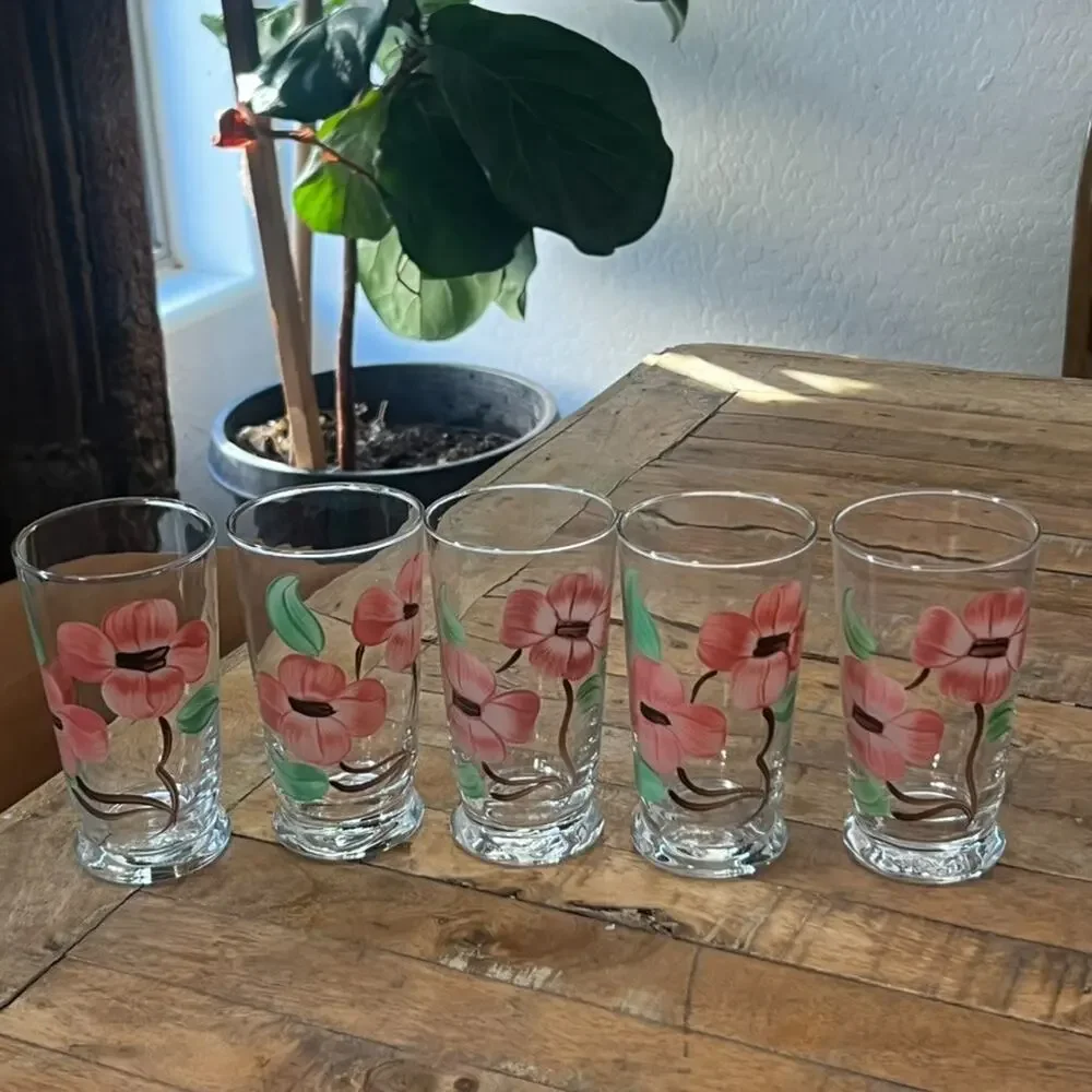 Set of 5 Libbey Hand Painted Desert Rose Style Glasses Tumblers